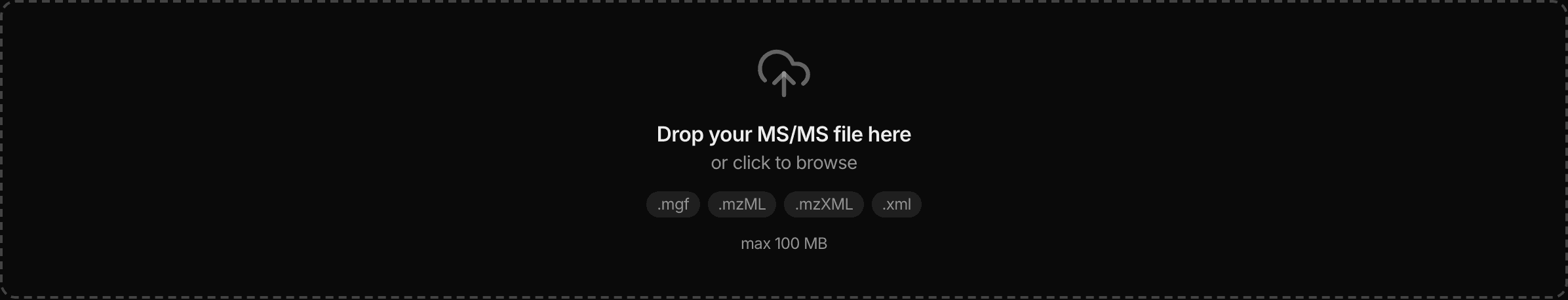 The upload tile: a dashed drop target reading 'Drop your MS/MS file here', with the accepted file extensions listed beneath it.